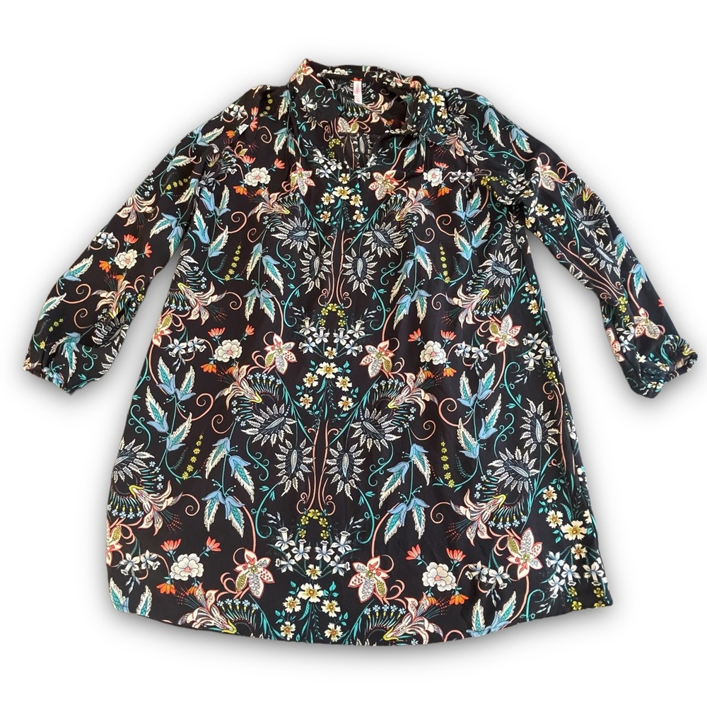 Xhilaration Black Bold Floral Long Sleeve Collared Tunic/Dress Sz Lg Dark Boho